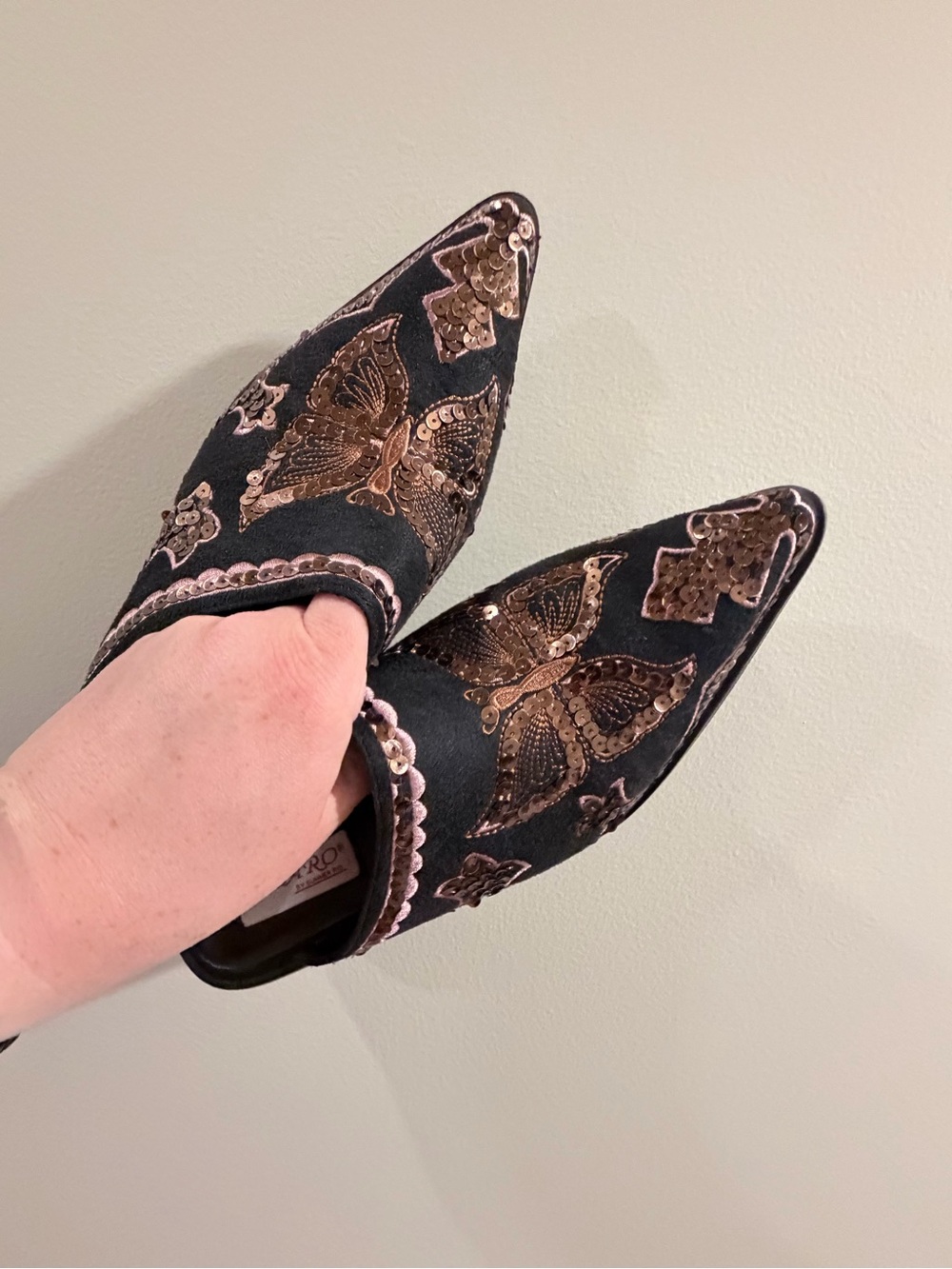 Sequin Butterfly Black Pointed-Toe Mules